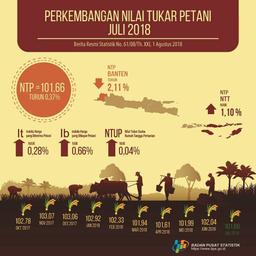 Nilai Tukar Petani Juli 2018 sebesar 101,66 atau turun 0,37 persen dibanding NTP bulan sebelumnya. 